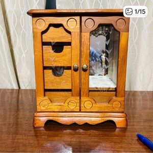 VTG Wooden Jewelry Armoire in Brown with Mirror
